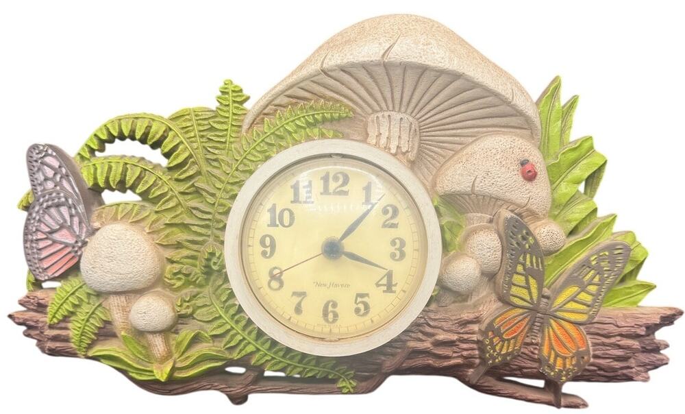 Vintage 1975 Burwood Products Mushroom Butterfly Wall Clock 3D Resin